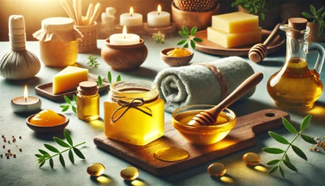 How to Use Ghee for Skin Facial Treatments. Spa and wellness setup with jars of honey, candles, soap, towels, and leaves on a wooden tray.