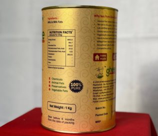 Packaging Of A 1 Kg Can Of Ghee Showing Nutrition Facts, Ingredients, And Various Product Benefits.