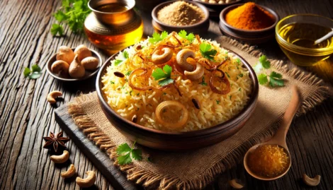 A bowl of spiced rice garnished with caramelised onions, cashew nuts, and fresh coriander, surrounded by various spices, herbs, and ingredients on a rustic wooden table.