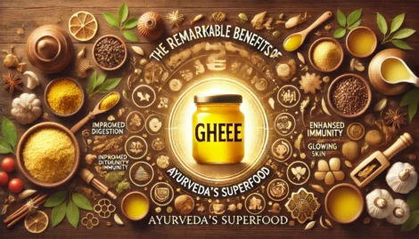 A jar of ghee glowing at the centre, surrounded by various spices and herbs highlighting health benefits of ghee, such as improved digestion, enhanced immunity, and glowing skin.