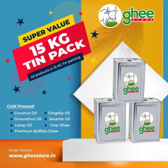 Super Value 15 Kg Tin Pack Promotion For Ghee Store, Featuring Cold Pressed Coconut Oil, Groundnut Oil, Lamp Oil, Premium Buffalo Ghee, Gingelly Oil, Sesame Oil, And Cow Ghee. Order Online At Www.gheestore.in.