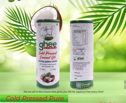 Ghee Store Cold Pressed Pure Coconut Oil bottles with palm leaves and a split coconut in the background, text “Order Online: www.gheestore.in.”