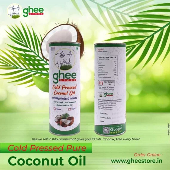 Ghee Store Cold Pressed Pure Coconut Oil Bottles With Palm Leaves And A Split Coconut In The Background, Text “Order Online: Www.gheestore.in.”