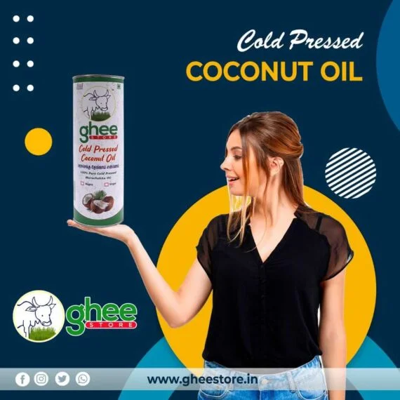 Woman Holding A Canister Of Ghee Store Cold Pressed Coconut Oil Against A Colourful Background With The Text &Quot;Cold Pressed Coconut Oil&Quot; And The Website &Quot;Www.gheestore.in&Quot; Displayed.