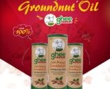 Cold Pressed Groundnut Oil Advertisement From Ghee Store, Displayed With Three Containers Of The Oil On A Red Background. Order Online At Www.gheestore.in.