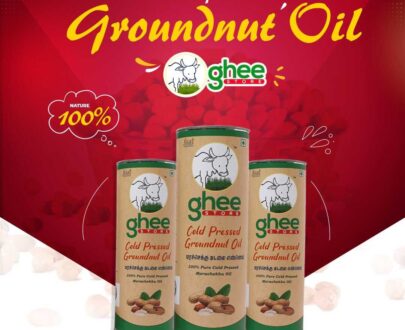 Cold Pressed Groundnut Oil advertisement from ghee store, displayed with three containers of the oil on a red background. Order online at www.gheestore.in.