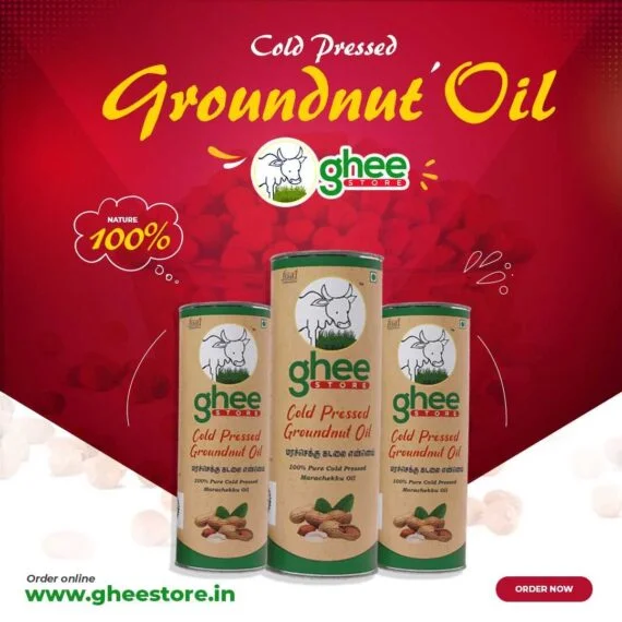 Cold Pressed Groundnut Oil Advertisement From Ghee Store, Displayed With Three Containers Of The Oil On A Red Background. Order Online At Www.gheestore.in.