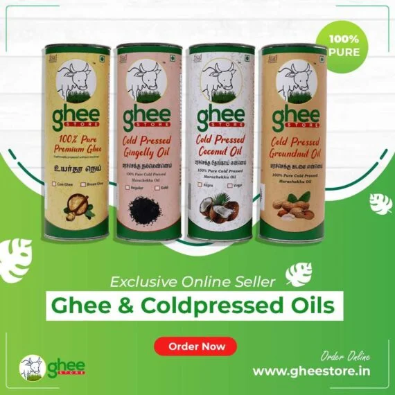 Gheestore Oil And Ghee Products Including Premium Ghee, Cold Pressed Gingelly Oil, Cold Pressed Coconut Oil, And Cold Pressed Groundnut Oil.