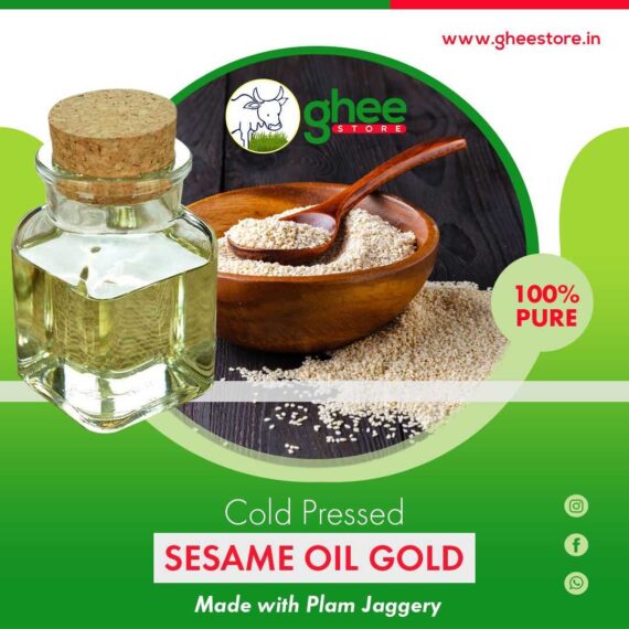 Cold Pressed Sesame Oil Bottle Next To A Bowl Of Sesame Seeds, With Text Detailing &Quot;Sesame Oil Gold&Quot; And &Quot;100% Pure.&Quot;