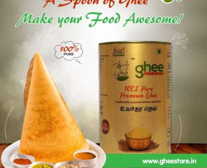 Advertisement for Ghee Store featuring a can of 100% pure premium ghee beside a plate of dosa with assorted dips; text reads "A Spoon of Ghee Make Your Food Awesome!" and includes the website gheestore.in.