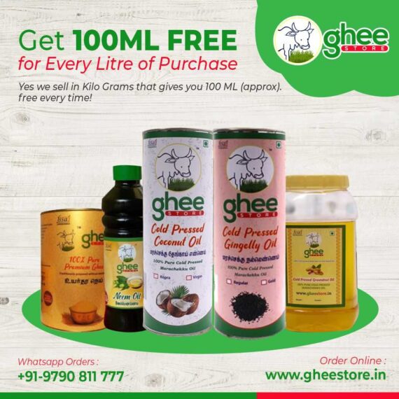 Promotional Banner For Ghee Store Offering 100Ml Free With Every Litre Of Purchase; Includes Images Of Various Ghee Products And Contact/Order Details.