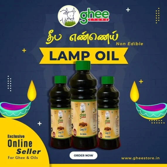 Three Bottles Of Non-Edible Lamp Oil From Ghee Store, Surrounded By Colourful Oil Lamp Illustrations And Promotional Text Indicating Online Ordering At Gheestore.in.