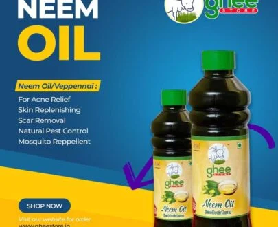 Neem Oil Bottles With Green Caps And Yellow Labels Featuring The Ghee Store Logo, With Text Advertising Usage Benefits Such As Acne Relief, Skin Replenishment, Scar Removal, Natural Pest Control, And Mosquito Repellence.