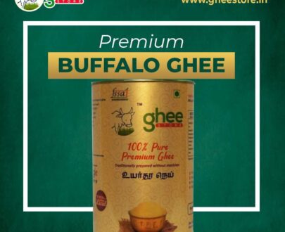 Premium Buffalo Ghee from Ghee Store in a golden container with green logo and text, available for online order at www.gheestore.in.