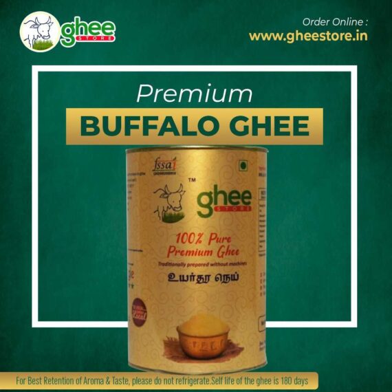 Premium Buffalo Ghee From Ghee Store In A Golden Container With Green Logo And Text, Available For Online Order At Www.gheestore.in.