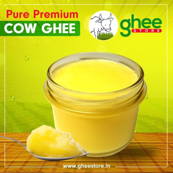 Pure Premium Desi Cow Ghee Jar With A Spoonful Of Ghee, Green And Yellow Background With &Quot;Ghee Store&Quot; Logo And Website Www.gheestore.in.