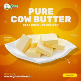 Image Of A Dish With Sticks Of Butter And Text Promoting Pure Cow Butter Delivery Service From Www.gheestore.in.