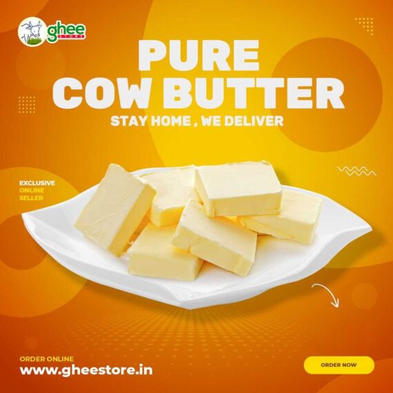 Image Of A Dish With Sticks Of Butter And Text Promoting Pure Cow Butter Delivery Service From Www.gheestore.in.