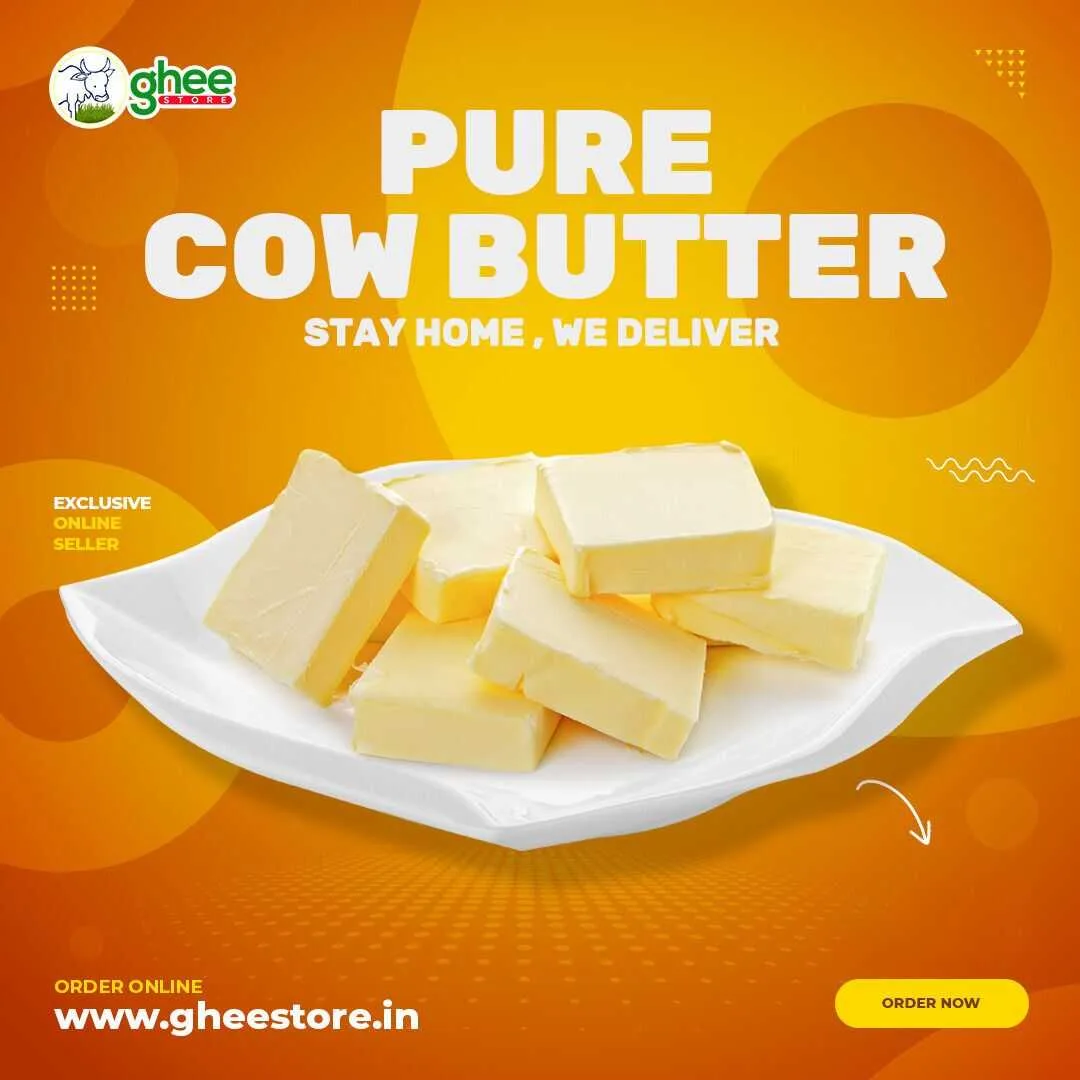 Image Of A Dish With Sticks Of Butter And Text Promoting Pure Cow Butter Delivery Service From Www.gheestore.in.