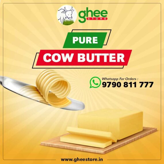 Pure Cow Butter Advertisement From Ghee Store, Featuring A Butter Curl On A Knife And A Block Of Butter On A Chopping Board. Contact Number: 9790 811 777. Website: Www.gheestore.in.