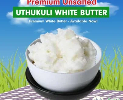 Premium Unsalted Uthukuli White Butter in a bowl with a grassy field background and "www.gheestore.in" text.