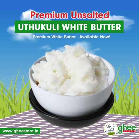 Premium Unsalted Uthukuli White Butter In A Bowl With A Grassy Field Background And &Quot;Www.gheestore.in&Quot; Text.