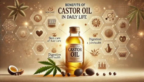 Benefits Of Castor Oil In Daily Life Text, With A Bottle Of Castor Oil In The Centre Surrounded By Hexagonal Icons Illustrating Skin Care, Hair Care, Digestion, And Joint Health Benefits.