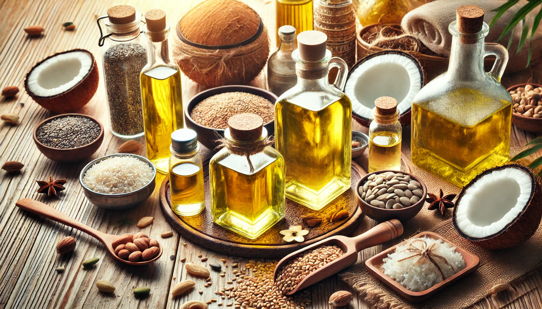 Cold Pressed Oil In Bangalore. Various Bottles Of Cooking Oil Surrounded By Different Seeds, Nuts, Grains, And Halved Coconuts On A Wooden Surface.