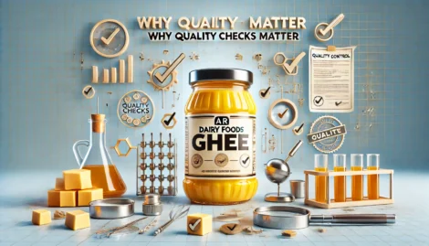 Jar Of A R Dairy Foods Ghee Surrounded By Various Quality Control Symbols And Testing Equipment, With The Text &Quot;Why Quality Checks Matter&Quot; In The Background.