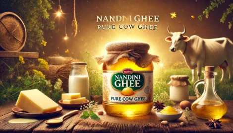 Nandini Pure Cow Ghee Jar On A Rustic Table With Butter, Milk, Oil, And Herbs, Set In An Idyllic Farm Scene With A Cow.