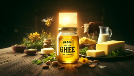 Jar Of Nandini Ghee With Dairy Products, A Bee, Almonds, And A Cow In The Background.