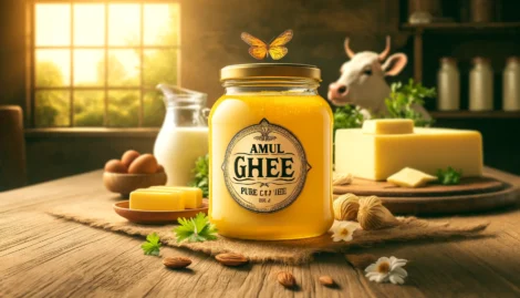 A Jar Of Amul Ghee Placed On A Wooden Table With A Butterfly On The Lid, Surrounded By Butter, Jug Of Milk, Almonds, Parsley, Eggs, And A Cow In The Background.