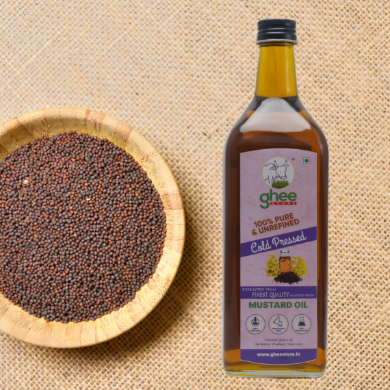 Bottle Of 100% Pure, Unrefined Cold-Pressed Mustard Oil Next To A Bowl Of Mustard Seeds On A Burlap Surface.