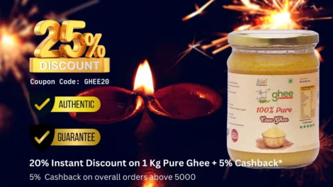25% Discount Offer On Pure Ghee With Coupon Code Ghee20, Featuring A Jar Of Ghee, Two Lit Oil Lamps, And Fireworks In The Background.
