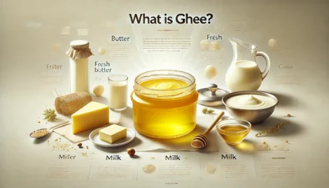 Various dairy products surrounding a central jar of ghee, with the title "What is Ghee?"