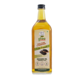 Bottle Of Ghee Store Cold-Pressed Sesame Oil With A Beige Label Showing Product Details, Including &Quot;100% Pure &Amp; Unrefined&Quot; And &Quot;Cold Pressed.&Quot;