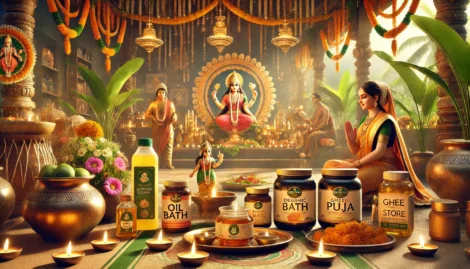 A festive Deepawali 2024 celebration in Tamil Nadu, showcasing traditional rituals like oil baths and Lakshmi Puja, along with GheeStore products. The (2) 1 A Traditional Indian Temple Setting With A Woman In A Saree Performing A Ritual. Various Ritual Items, Including Oils And Powders, Are Displayed In The Foreground. The Temple Is Decorated With Flowers And Lights, And A Deity Statue Is Visible In The Background.