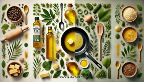 A visual comparison of 'Ghee vs. Refined Oils_ Which Is Healthier_' in a wide aspect ratio. The scene is divided into two halves_ on the left, a jar o 1 Ghee Vs. Refined Oils: Which Is Healthier?