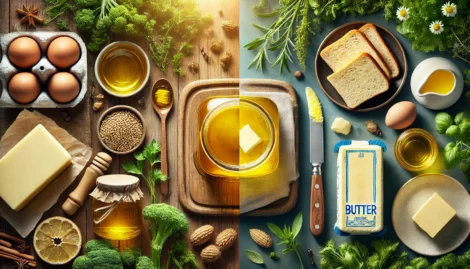 A wide aspect ratio image comparing 'Ghee vs Butter_ Which Is Healthier_' The scene is divided into two halves_ on the left, a jar of golden ghee with Ghee vs Butter: Which Is Healthier?