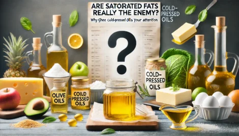 An engaging image titled 'Are Saturated Fats Really the Enemy_ Why Ghee and Cold-Pressed Oils Deserve Your Attention' in a wide aspect ratio. The scen 1 Are Saturated Fats Really The Enemy? Why Ghee And Cold-Pressed Oils Deserve Your Attention