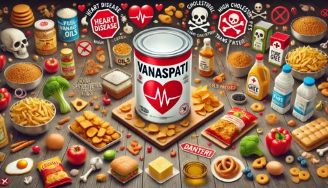 An image illustrating the health risks of consuming vanaspati in a wide aspect ratio. The scene shows a container of vanaspati placed next to unhealth (2) Health Hazards of Vanaspati Mixed with Ghee: Why You Should Avoid Adulterated Ghee