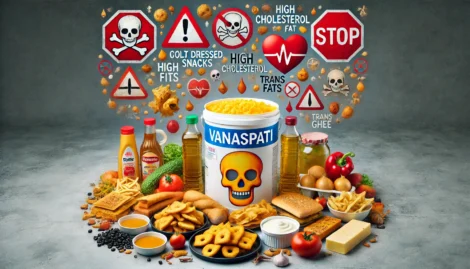 An image illustrating the health risks of consuming vanaspati in a wide aspect ratio. The scene shows a container of vanaspati placed next to unhealth Learn the differences between Dalda vs Ghee, Vanaspati Ghee and Pure Desi Ghee. Discover the health risks of Vanaspati’s trans fats and why Desi Ghee is the healthier choice.
