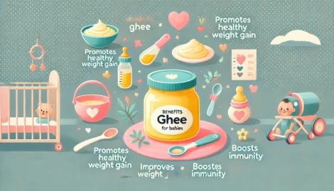 An image representing the benefits of using ghee for babies in a wide aspect ratio. The scene features a jar of ghee next to a bowl of baby food, such Learn the benefits of cow and buffalo ghee for babies, when to introduce ghee into their diet, and how to use it for growth and development. Shop pure ghee at GheeStore.