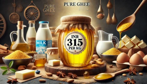 An image showcasing the offer of 'Pure Ghee at INR 315 per kg' in a wide aspect ratio. The scene features a jar of rich, golden ghee with a price tag unrealistic to supply pure ghee at INR 315 per kg