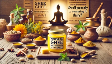 An image titled 'Ayurveda and Ghee_ Should You Really Be Consuming It Daily_' in a wide aspect ratio. The scene highlights a traditional Ayurvedic set 1 Ayurveda And Ghee: Should You Really Be Consuming It Daily?