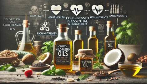 An informative image titled 'Why Cold-Pressed is Essential in Modern Diets,' showing the benefits of cold-pressed oils in a wide aspect ratio. The sce Why Cold-Pressed is Essential in Modern Diets